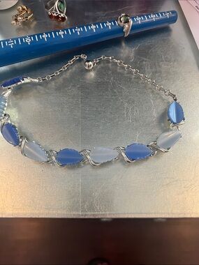 Blue Marquise Link Necklace with Silver-Tone Chain